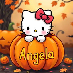 A cute Hello Kitty character emerging from a carved pumpkin, with the name 'Angela' written on the pumpkin