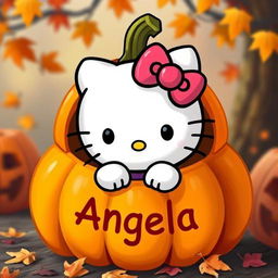 A cute Hello Kitty character emerging from a carved pumpkin, with the name 'Angela' written on the pumpkin