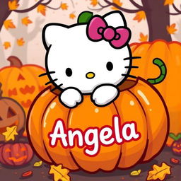 A cute Hello Kitty character emerging from a carved pumpkin, with the name 'Angela' written on the pumpkin