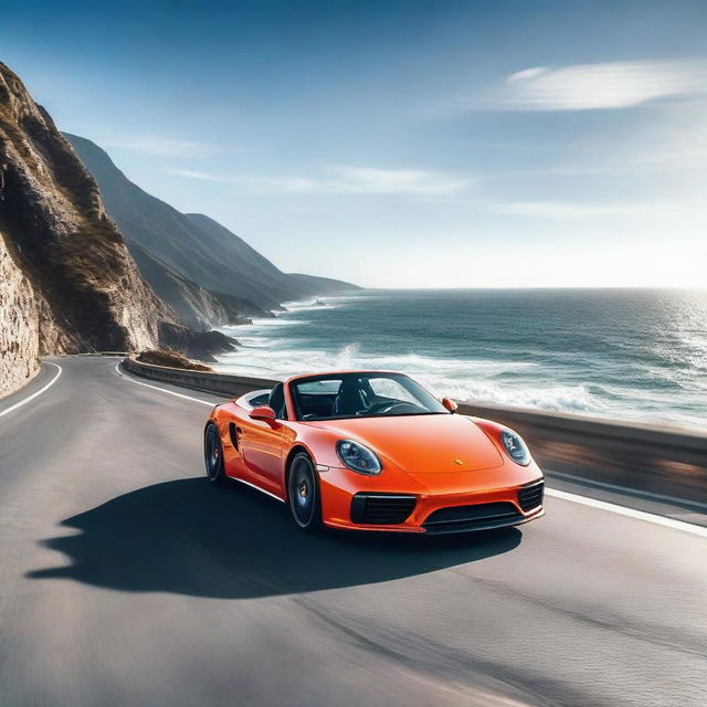 A sleek Porsche sports car driving along a scenic ocean highway