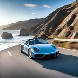 A sleek Porsche sports car driving along a scenic ocean highway