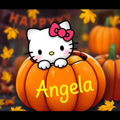 A cute Hello Kitty character emerging from a carved pumpkin, with the name 'Angela' written on the pumpkin