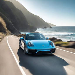 A sleek Porsche sports car driving along a scenic ocean highway