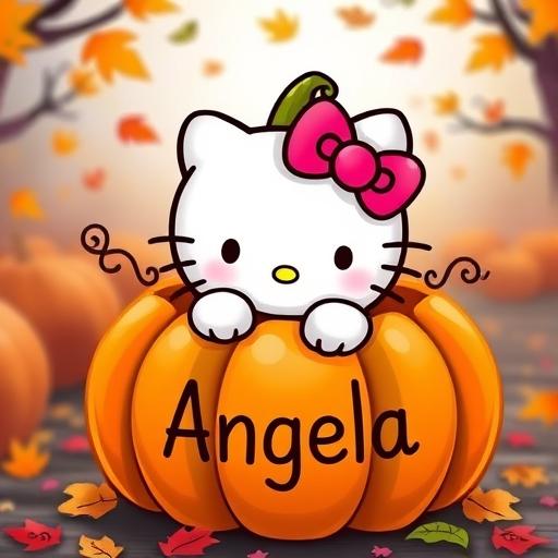 A cute Hello Kitty character emerging from a carved pumpkin, with the name 'Angela' written on the pumpkin