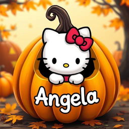 A cute Hello Kitty character emerging from a carved pumpkin, with the name 'Angela' written on the pumpkin