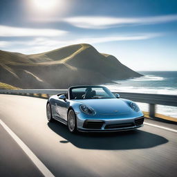 A sleek Porsche sports car driving along a scenic ocean highway