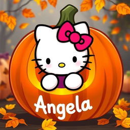 A cute Hello Kitty character emerging from a carved pumpkin, with the name 'Angela' written on the pumpkin