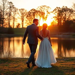 A man wearing a suit holds the hand of a woman who is wearing a long dress while they walk in the park with a lake near them and the beautiful sunset in front of them