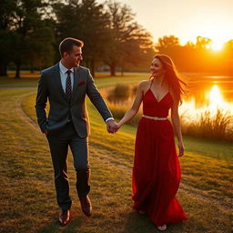 A man wearing a suit holds the hand of a woman who is wearing a long dress while they walk in the park with a lake near them and the beautiful sunset in front of them