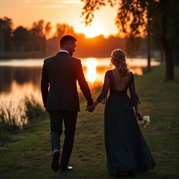 A man wearing a suit holds the hand of a woman who is wearing a long dress while they walk in the park with a lake near them and the beautiful sunset in front of them