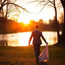 A man wearing a suit holds the hand of a woman who is wearing a long dress while they walk in the park with a lake near them and the beautiful sunset in front of them