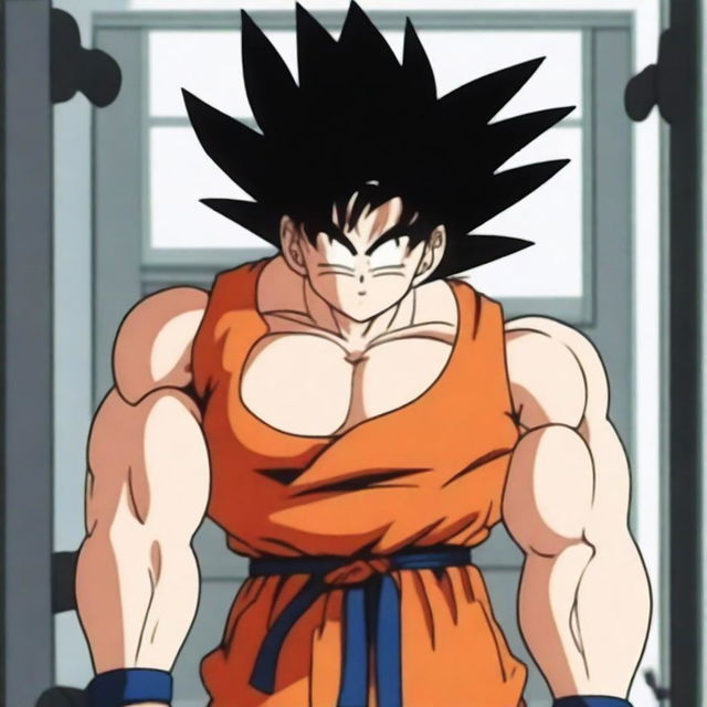 Goku from Dragonball lifting heavy weights in a gym, showcasing his muscular physique and intense focus