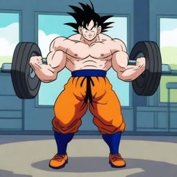 Goku from Dragonball lifting heavy weights in a gym, showcasing his muscular physique and intense focus