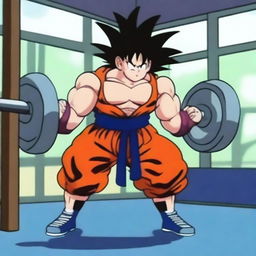 Goku from Dragonball lifting heavy weights in a gym, showcasing his muscular physique and intense focus