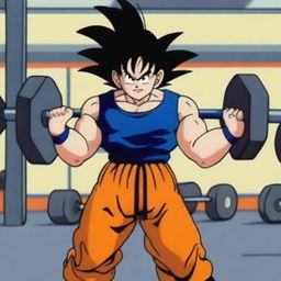 Goku from Dragonball lifting heavy weights in a gym, showcasing his muscular physique and intense focus