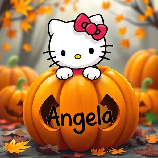 A cute Hello Kitty character coming out of the top of a carved pumpkin, with the name 'Angela' written on the pumpkin