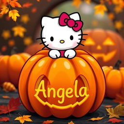 A cute Hello Kitty character coming out of the top of a carved pumpkin, with the name 'Angela' written on the pumpkin