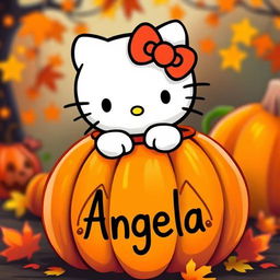 A cute Hello Kitty character coming out of the top of a carved pumpkin, with the name 'Angela' written on the pumpkin