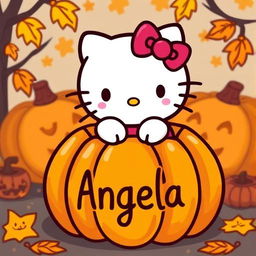 A cute Hello Kitty character coming out of the top of a carved pumpkin, with the name 'Angela' written on the pumpkin