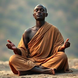 A hyper-realistic image of an African monk sitting with legs crossed, eyes closed in meditation