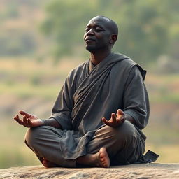 A hyper-realistic image of an African monk sitting with legs crossed, eyes closed in meditation