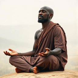 A hyper-realistic image of an African monk sitting with legs crossed, eyes closed in meditation