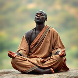 A hyper-realistic image of an African monk sitting with legs crossed, eyes closed in meditation