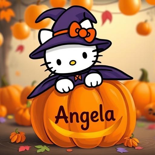 A cute Hello Kitty character dressed as a witch, complete with a witch hat and cape, emerging from the top of a carved pumpkin