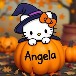 A cute Hello Kitty character dressed as a witch, complete with a witch hat and cape, emerging from the top of a carved pumpkin