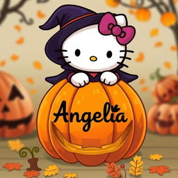 A cute Hello Kitty character dressed as a witch, complete with a witch hat and cape, emerging from the top of a carved pumpkin