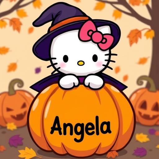 A cute Hello Kitty character dressed as a witch, complete with a witch hat and cape, emerging from the top of a carved pumpkin