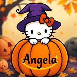 A cute Hello Kitty character dressed as a witch, complete with a pointy hat, emerging from the top of a carved pumpkin