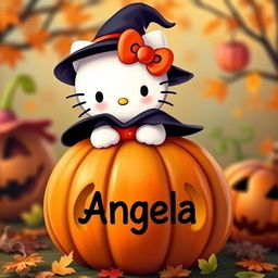 A cute Hello Kitty character dressed as a witch, complete with a pointy hat, emerging from the top of a carved pumpkin