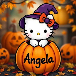 A cute Hello Kitty character dressed as a witch, complete with a pointy hat, emerging from the top of a carved pumpkin