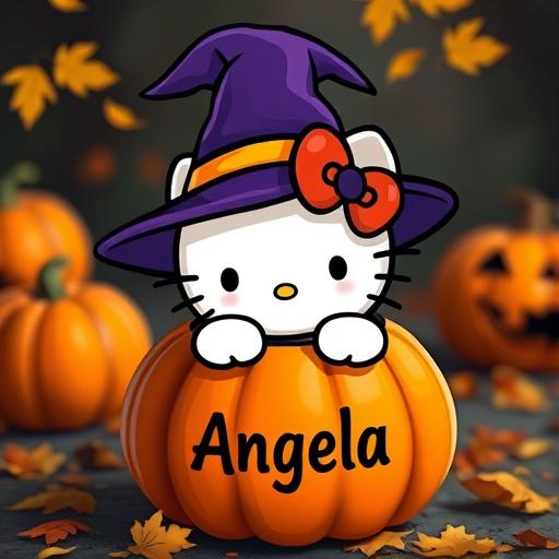 A cute Hello Kitty character dressed as a witch, complete with a pointy hat, emerging from the top of a carved pumpkin