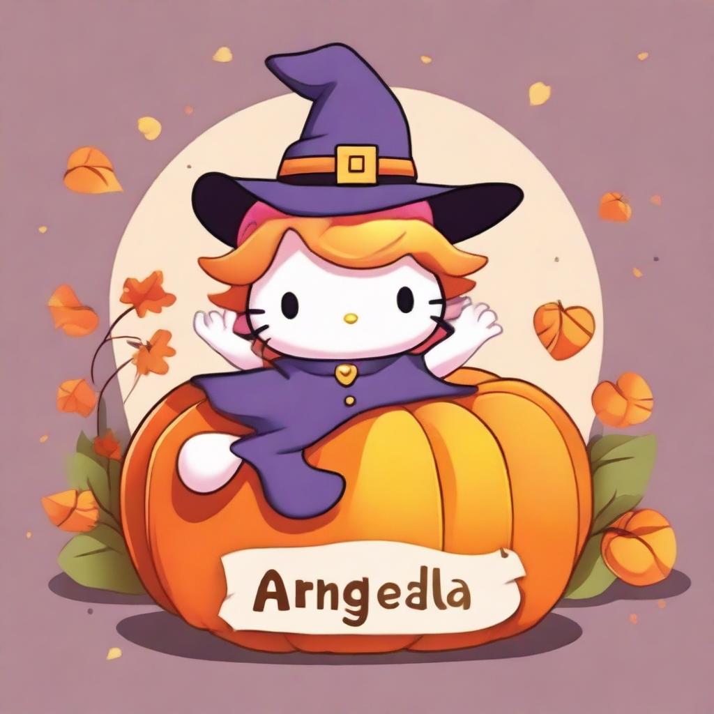 A cute Hello Kitty character dressed as a witch, complete with a pointy hat, emerging from the top of a carved pumpkin