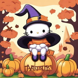 A cute Hello Kitty character dressed as a witch, complete with a pointy hat, emerging from the top of a carved pumpkin