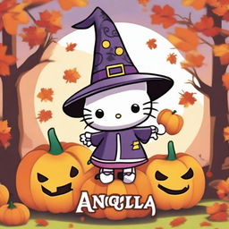 A cute Hello Kitty character dressed as a witch, complete with a pointy hat, emerging from the top of a carved pumpkin