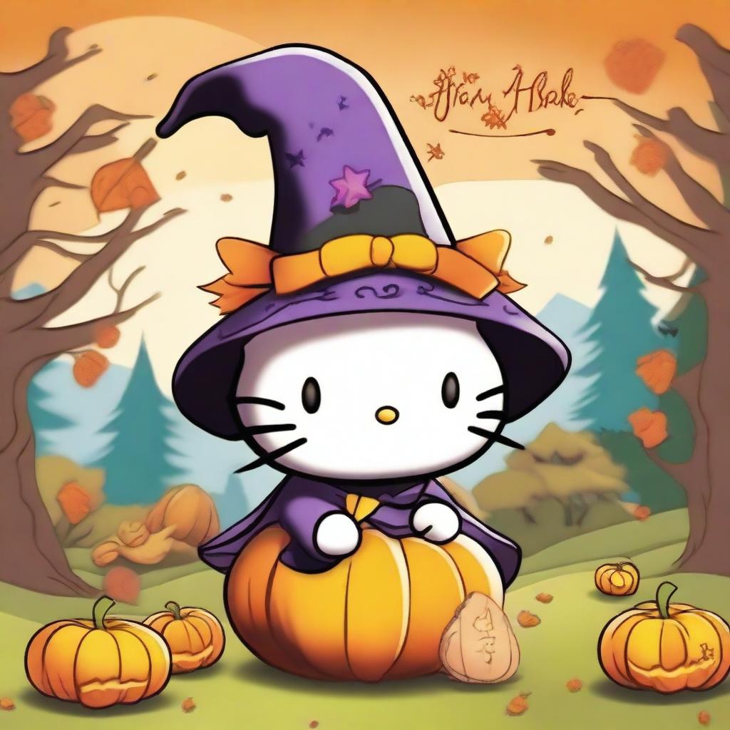 A cute Hello Kitty character dressed as a witch, complete with a pointy hat, emerging from the top of a carved pumpkin