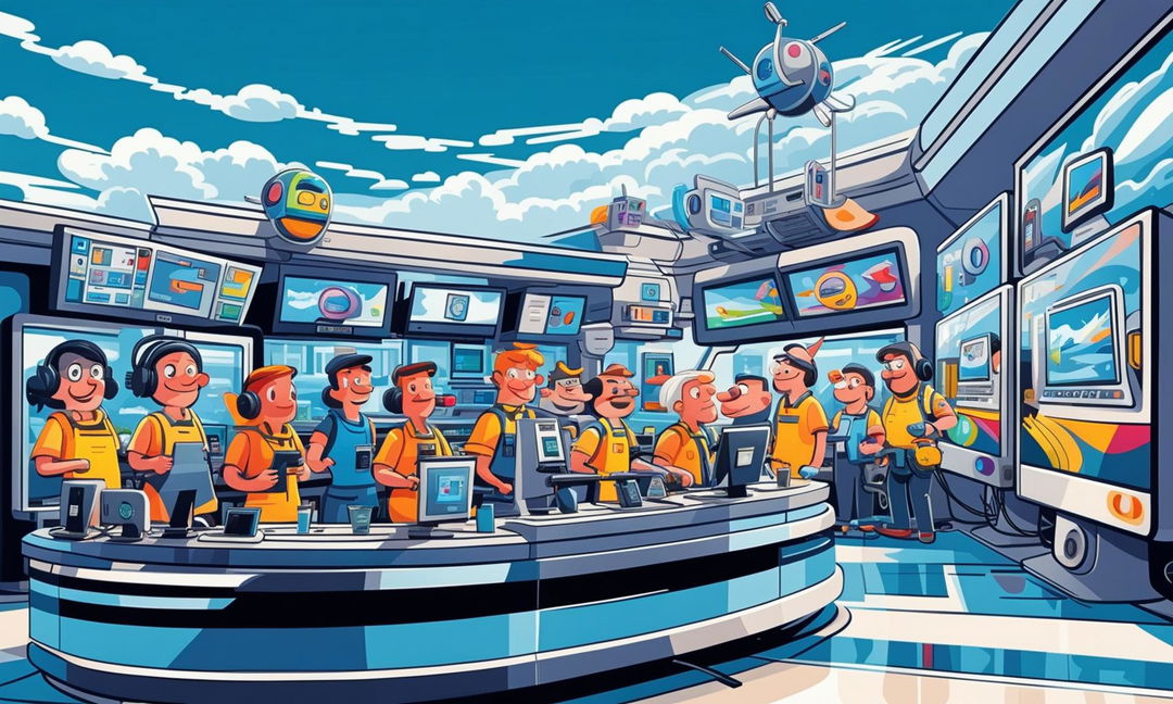 A cartoon technology bar in sunny Wellington with exaggerated staff interacting comically with tech support on various devices. The scene is captured in a 16:9 aspect ratio.