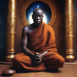 A hyper-realistic image of an African monk sitting with legs crossed, eyes closed, surrounded by a spiritual background