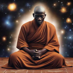 A hyper-realistic image of an African monk sitting with legs crossed, eyes closed, surrounded by a spiritual background