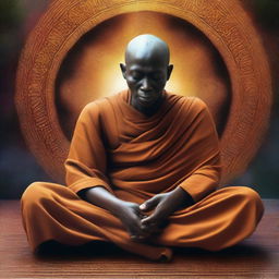 A hyper-realistic image of an African monk sitting with legs crossed, eyes closed, surrounded by a spiritual background