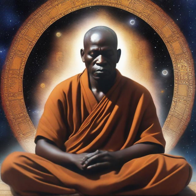 A hyper-realistic image of an African monk sitting with legs crossed, eyes closed, surrounded by a spiritual background