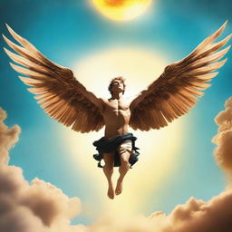 A captivating book cover featuring Icarus flying too close to the sun, with his wings starting to melt