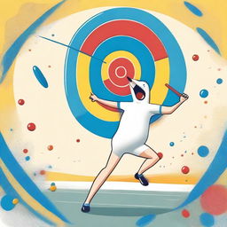 A short bowler throwing a javelin at a blue target on four legs in a whimsical and playful setting