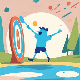 A short bowler throwing a javelin at a blue target on four legs in a whimsical and playful setting