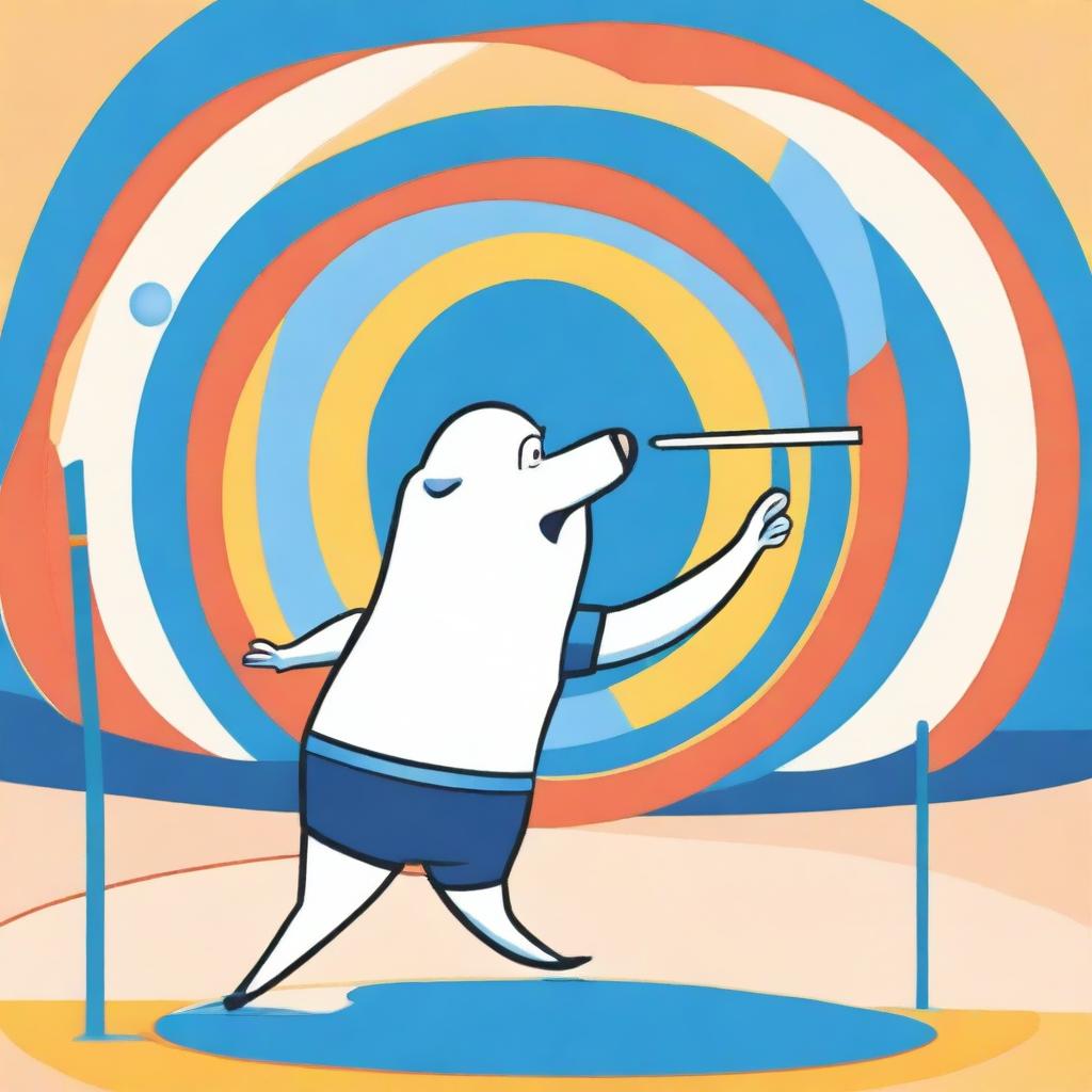 A short bowler throwing a javelin at a blue target on four legs in a whimsical and playful setting