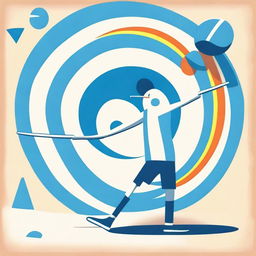 A short bowler throwing a javelin at a blue target on four legs in a whimsical and playful setting