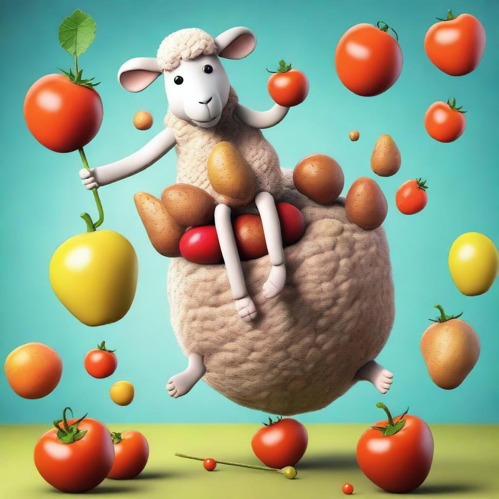 A sheep riding on the back of a monkey, who is juggling potatoes while eating tomatoes